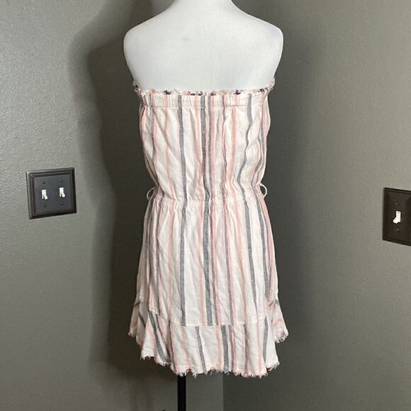 CLOTH & STONE Anthropologie Frayed Hem Strapless Linen Dress Vertical Striped - Picture 6 of 10